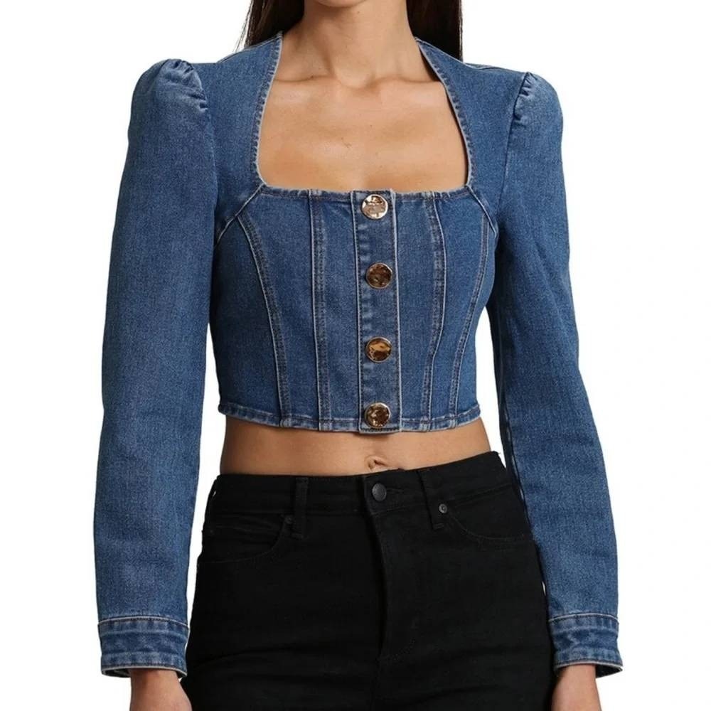Avec Les Filles Denim Puff Sleeve Square Neck Cropped Blue Jean Jacket Top Sz M